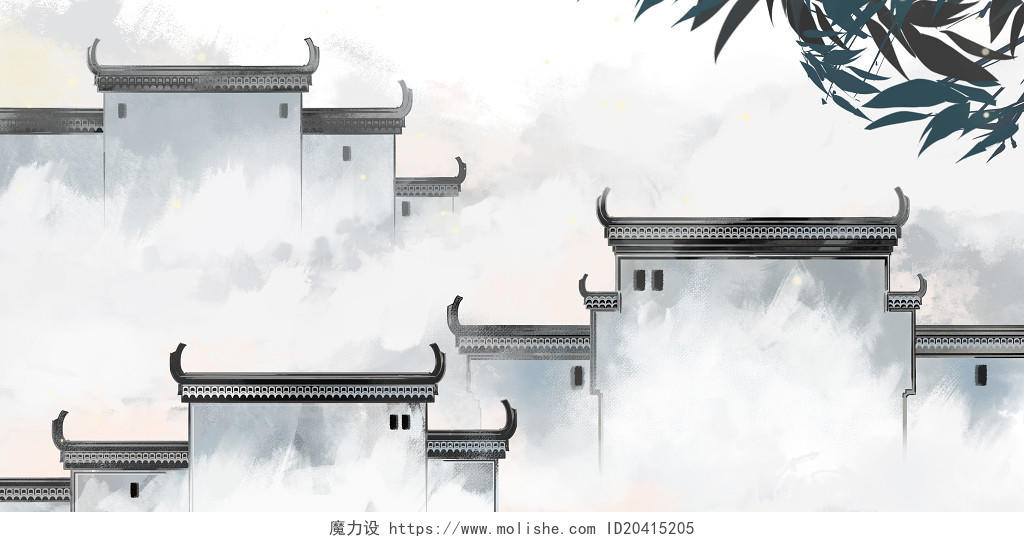 中国风中式庭院中式建筑插画背景素材水墨
